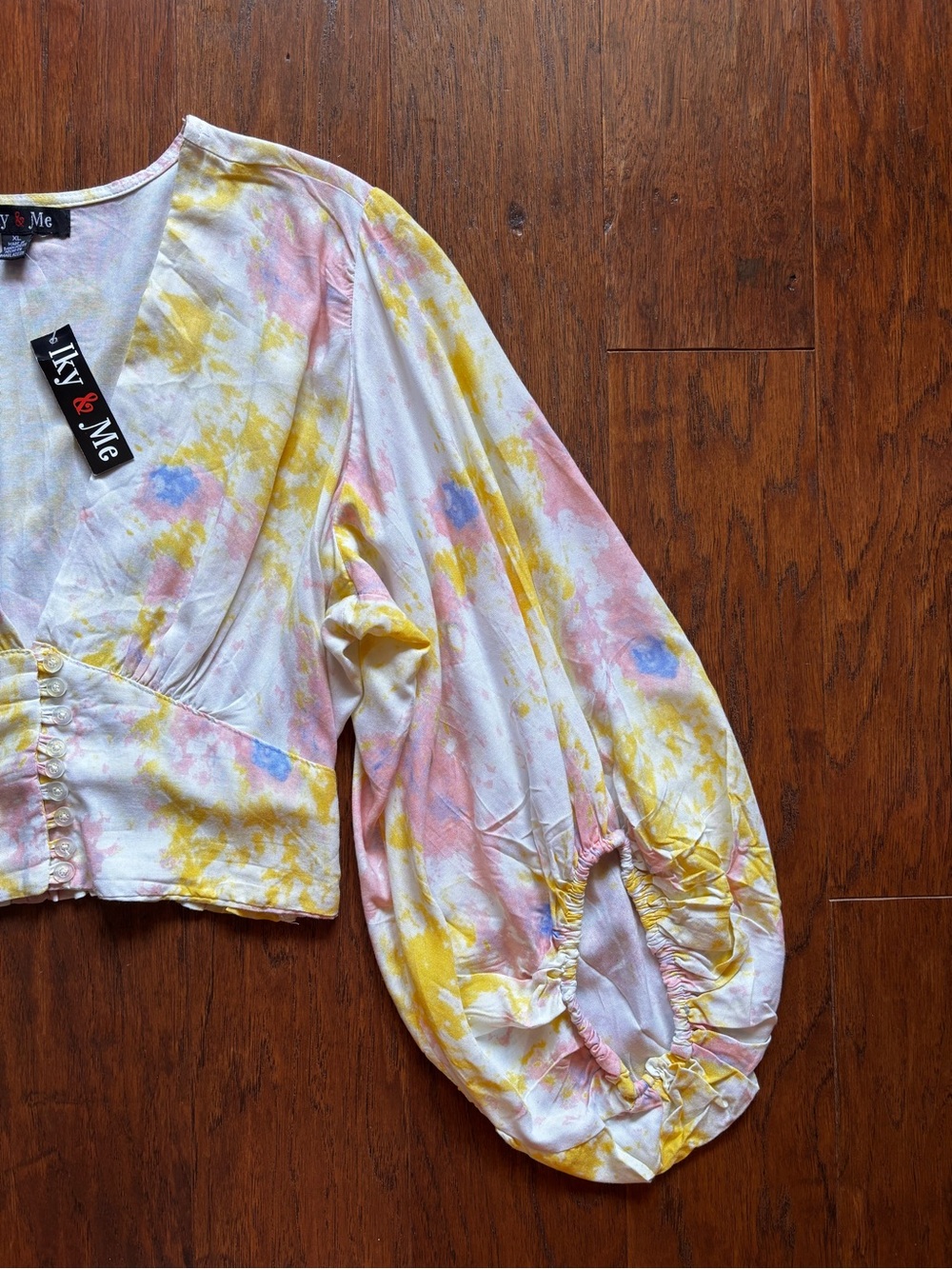 Iky & Me Tie Dye Balloon Sleeve Crop Top Pink Yellow | Size XL | NWT - Picture 5 of 10